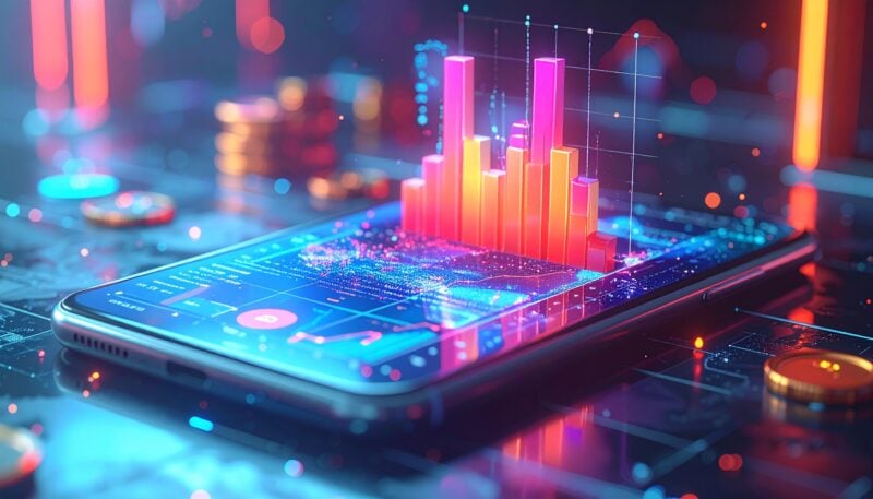 3D phone showing graphs and tracking metrics