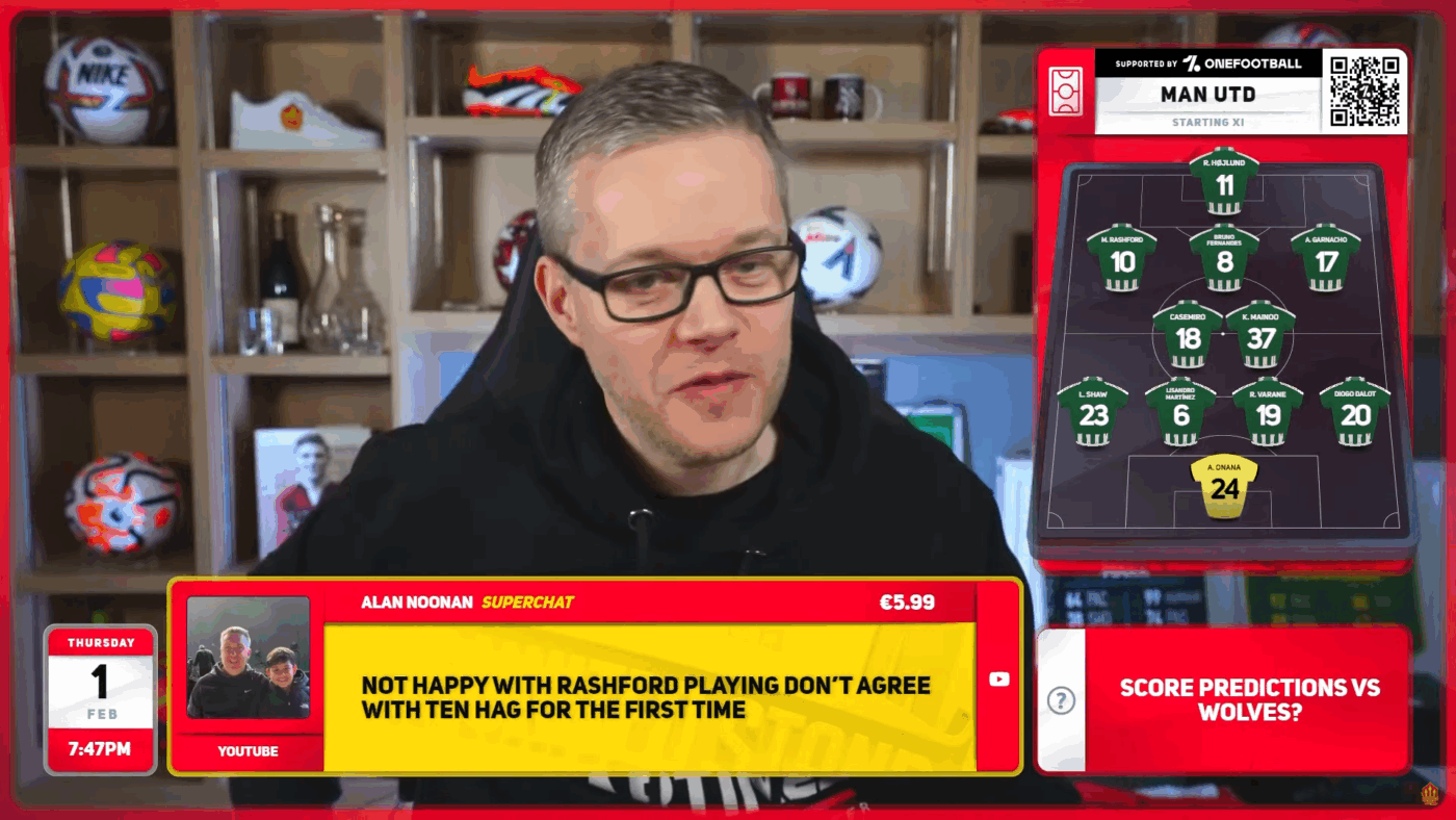 The United Stand live broadcast showing interactive graphics, real-time match data, and brand activation powered by Dizplai