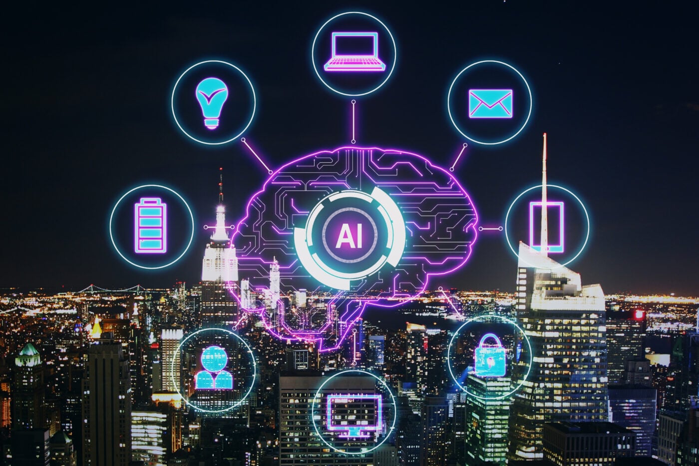 AI brain connected to 8 icons with a night city background