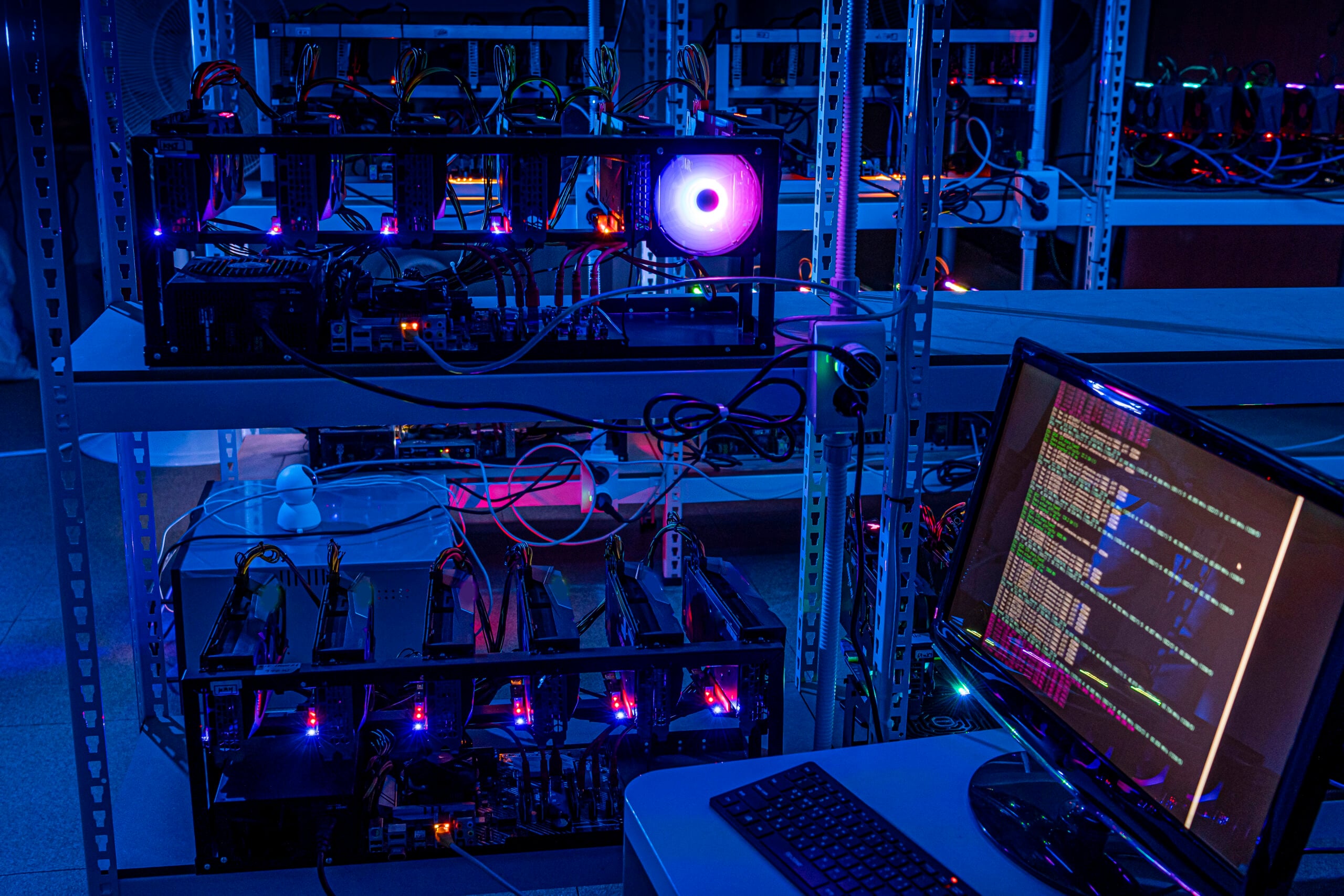 computer hardware and electronics in a dark lab with ultra colours