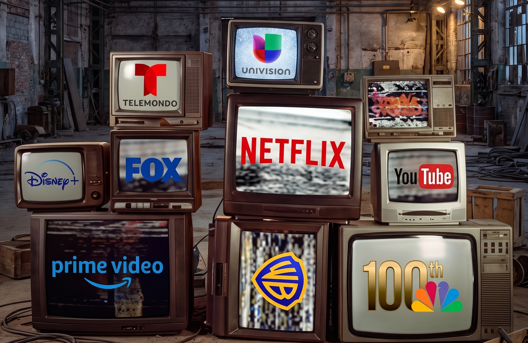Stack of old TVs displaying the logos of various media networks such as WB, YouTube and Netflix.