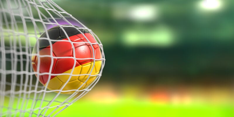 german soccer ball hitting the back of the net