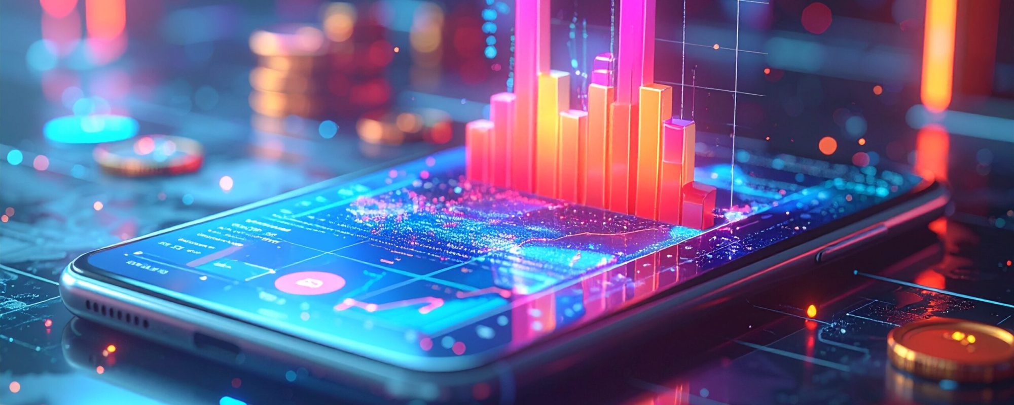 3D phone showing graphs and tracking metrics